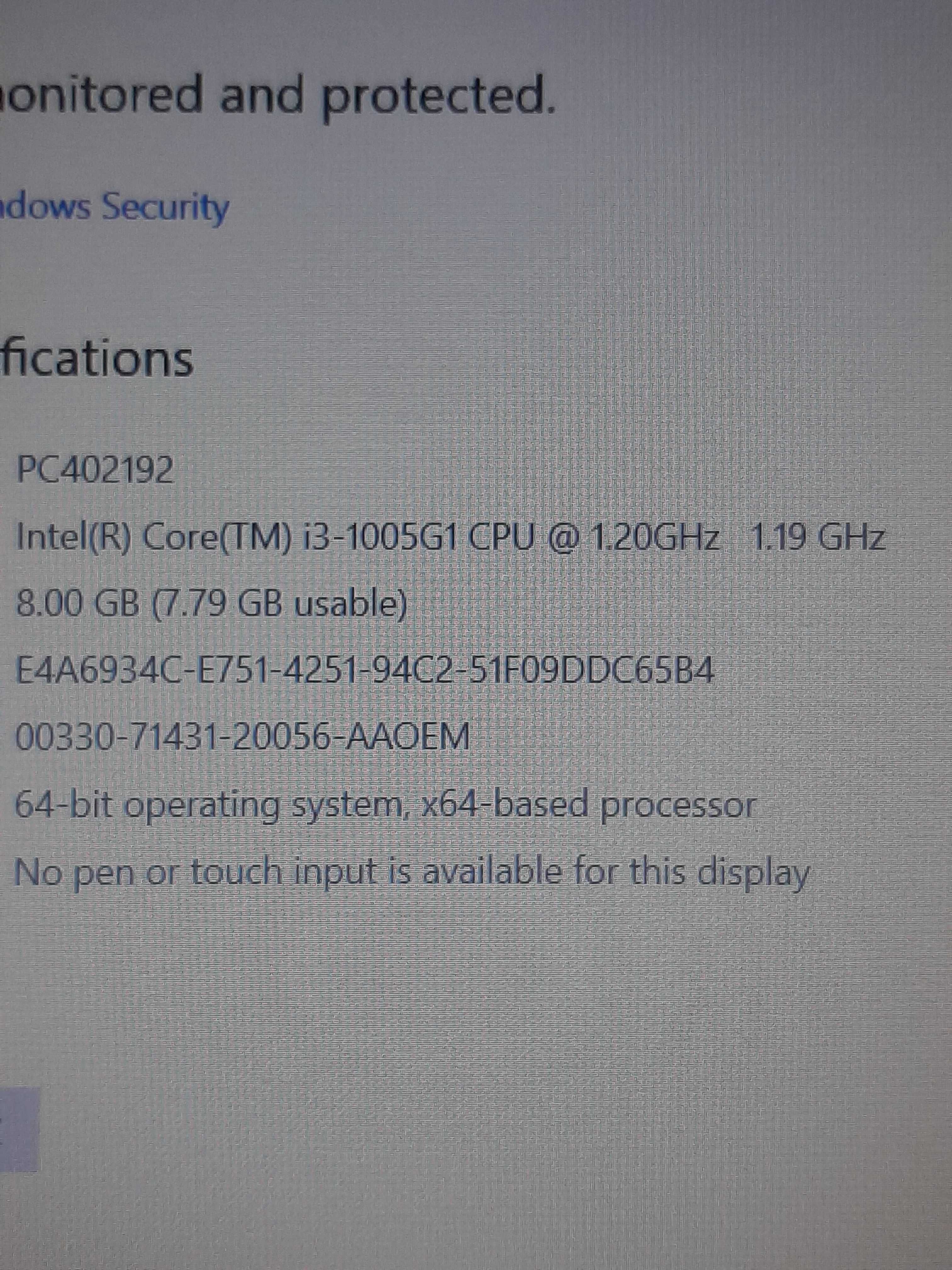 лаптоп HP core I3 1005G1 CPU
