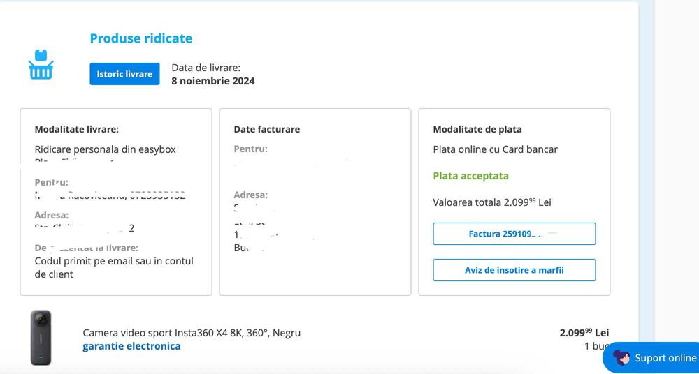 Insta 360 X4, garantie noiembrie 2026, sd lexar silver plus 256GB V30