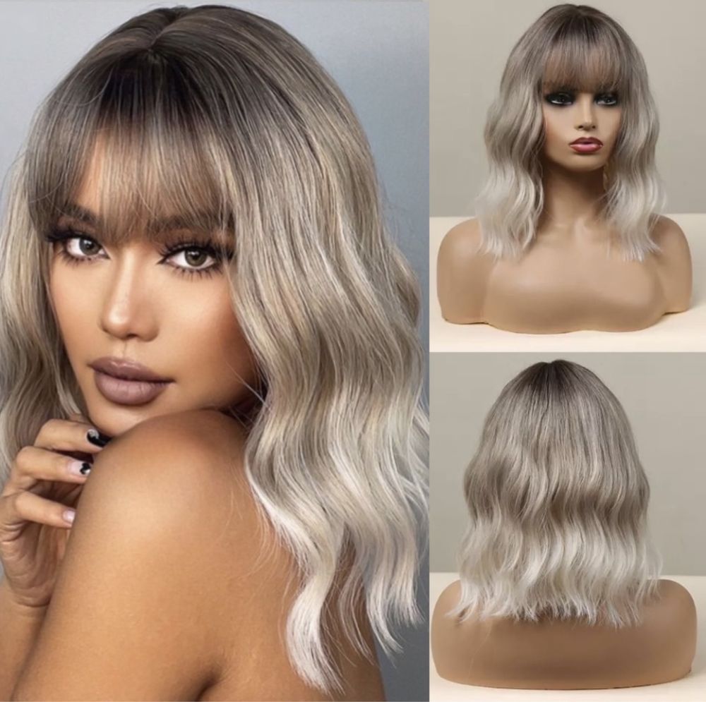 Peruca T17 Blonda Scurta Ombre Gri Bob cu Suvite Blonde Blond Platinat