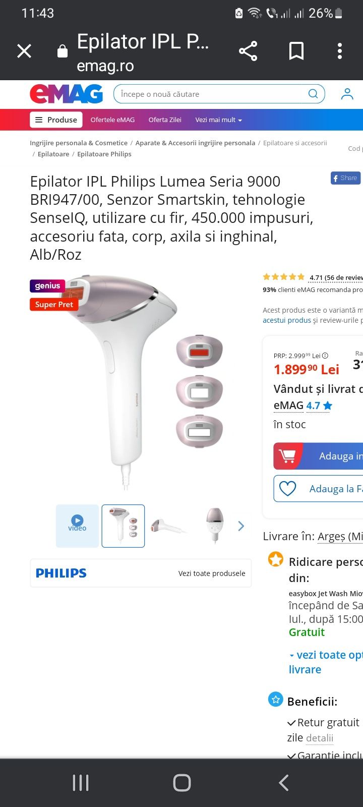 Epilator IPLPhilips Lumea Seria 9000 BRI947,4 accesorii, Alb/Roz