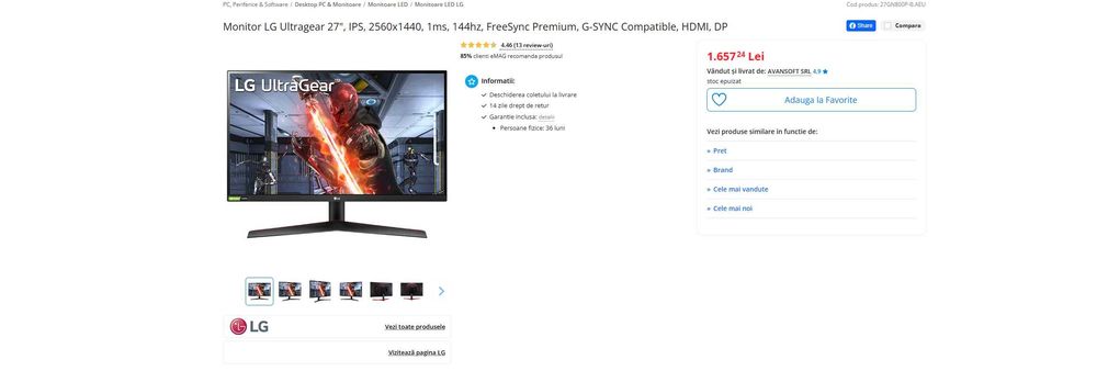 Monitor LG Ultragear 27" IPS 2560x1440 1ms 144hz G-SYNC
