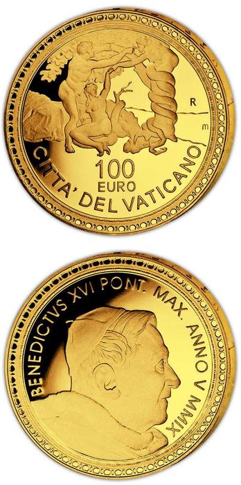 Moneda aur Vatican 2009 100 euro Papa Sistine Chapel Expulsion Heaven