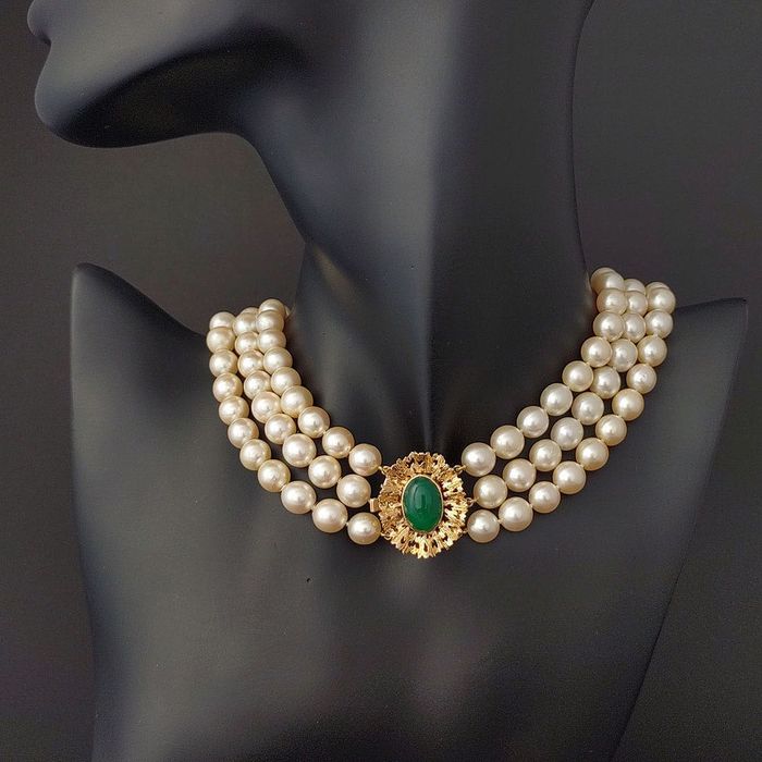 colier 3 rd. perle apa sarata, aur 18k, calcedonie, certif.