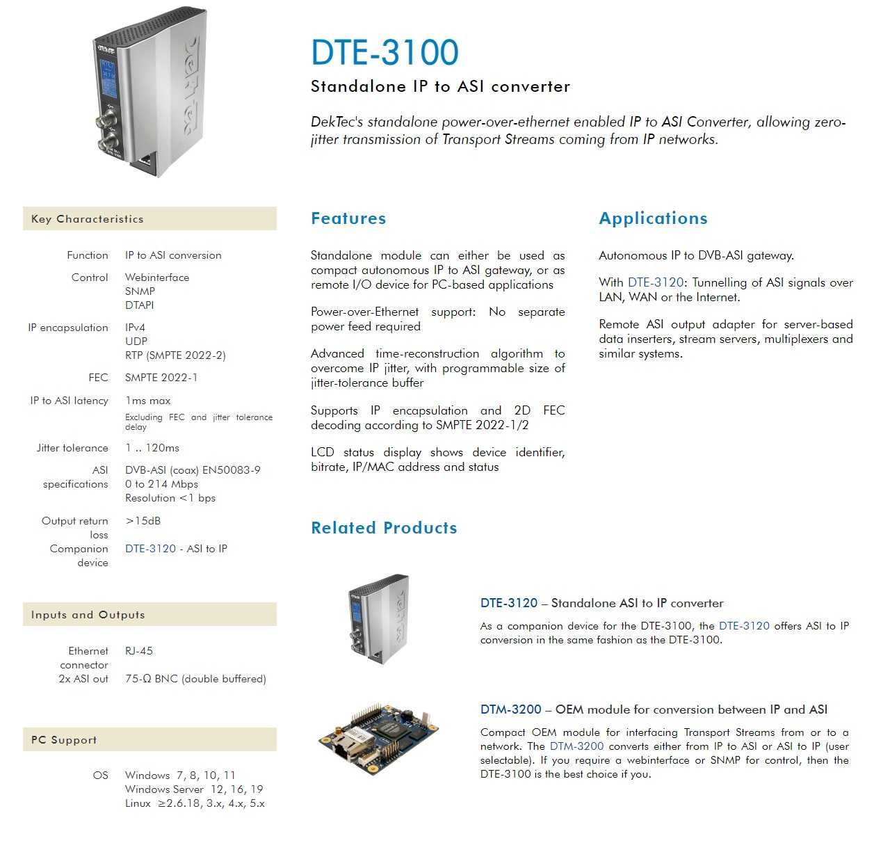 DEKTEC DTE-3100 Standalone IP to ASI converter