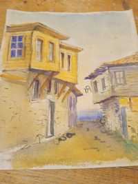 Красива картина с къщи Созопол акварел