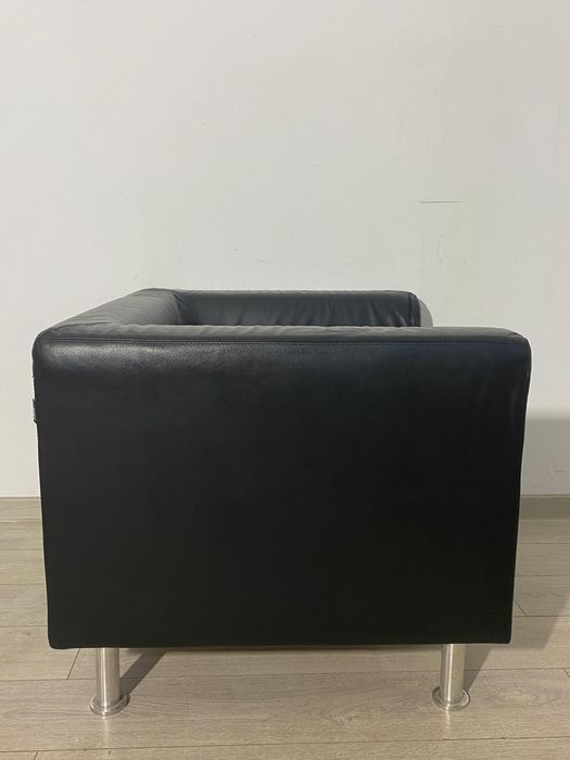 Fotoliu din Piele Naturală de Culoare Neagră; Scaun cu Brațe