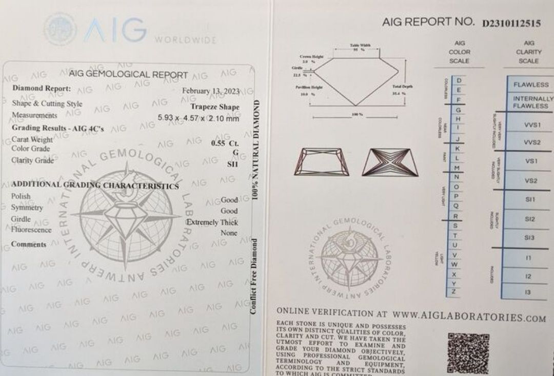 Диамант 0,55 карата  G/SI1