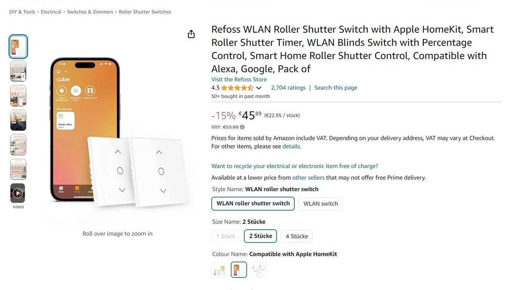 Set 2 buc Refoss WLAN comutator oblon rulant compatibil Apple HomeKit