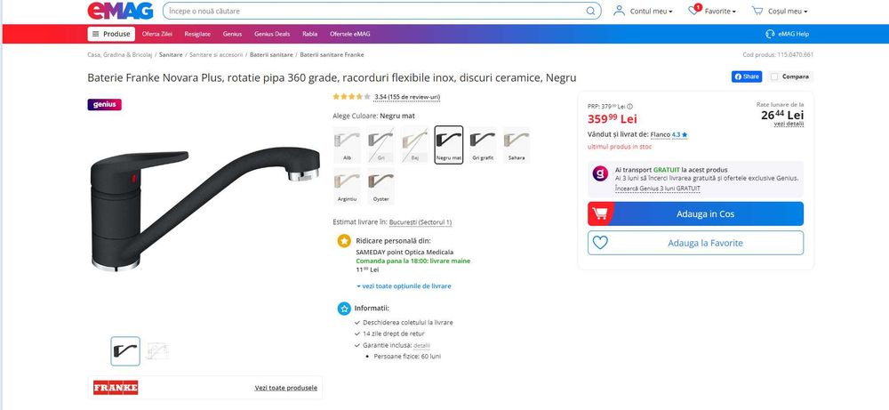 Baterie Franke Novara Plus Onyx (neagra), REDUS de la 360 Ron