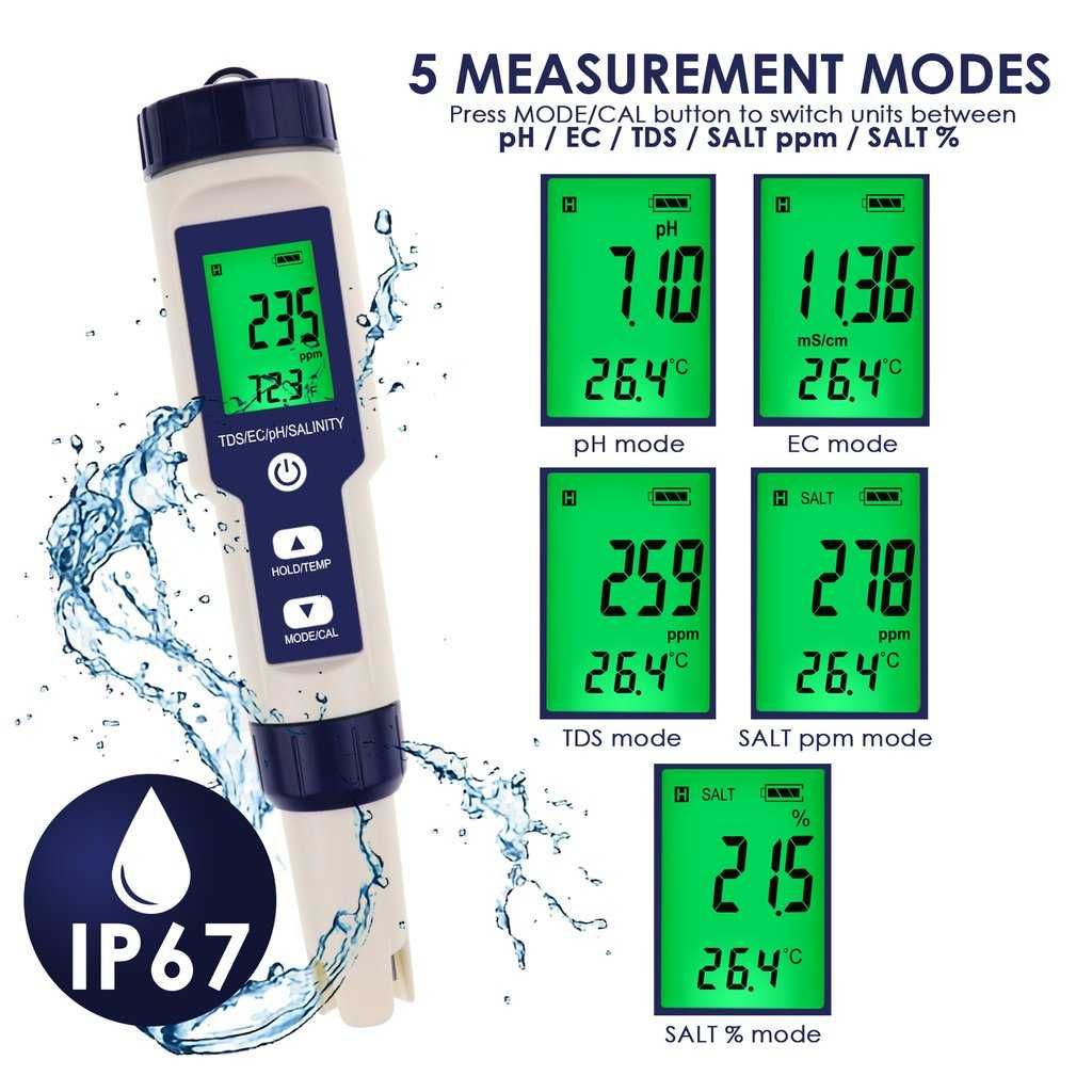 5-в-1 тестер за pH,TDS,EC, соленост, температура, WQM-303