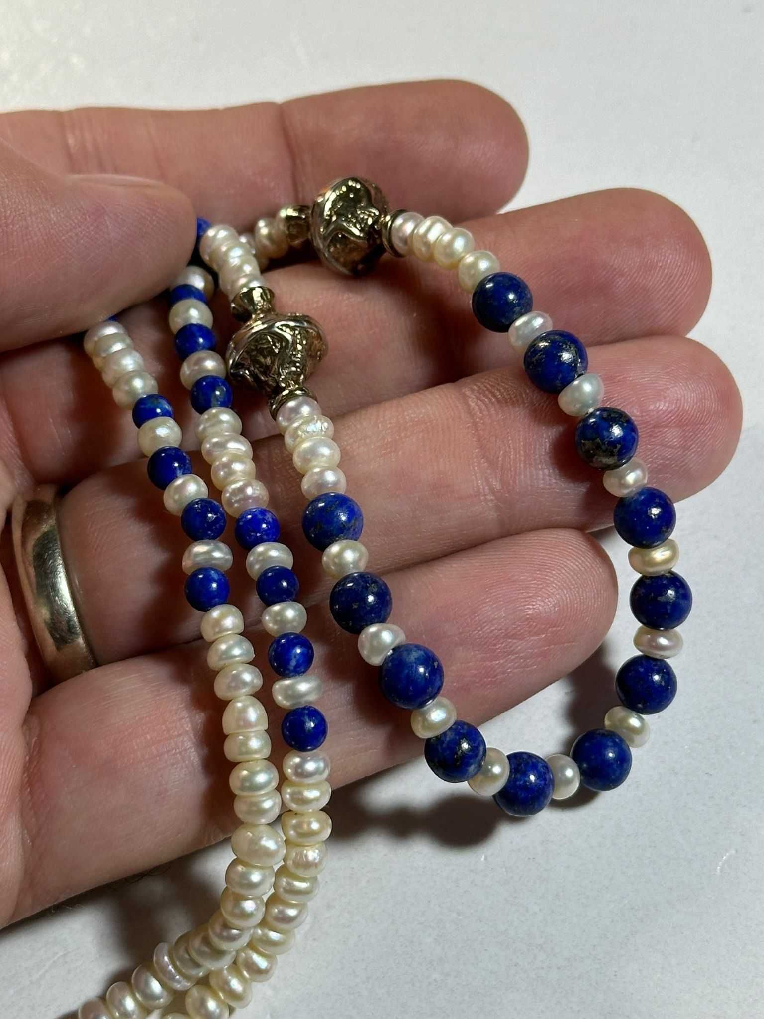 COLIER PERLE + ARGINT 925 - Aurit + Lapis Lazuli - Bile - Vintage !