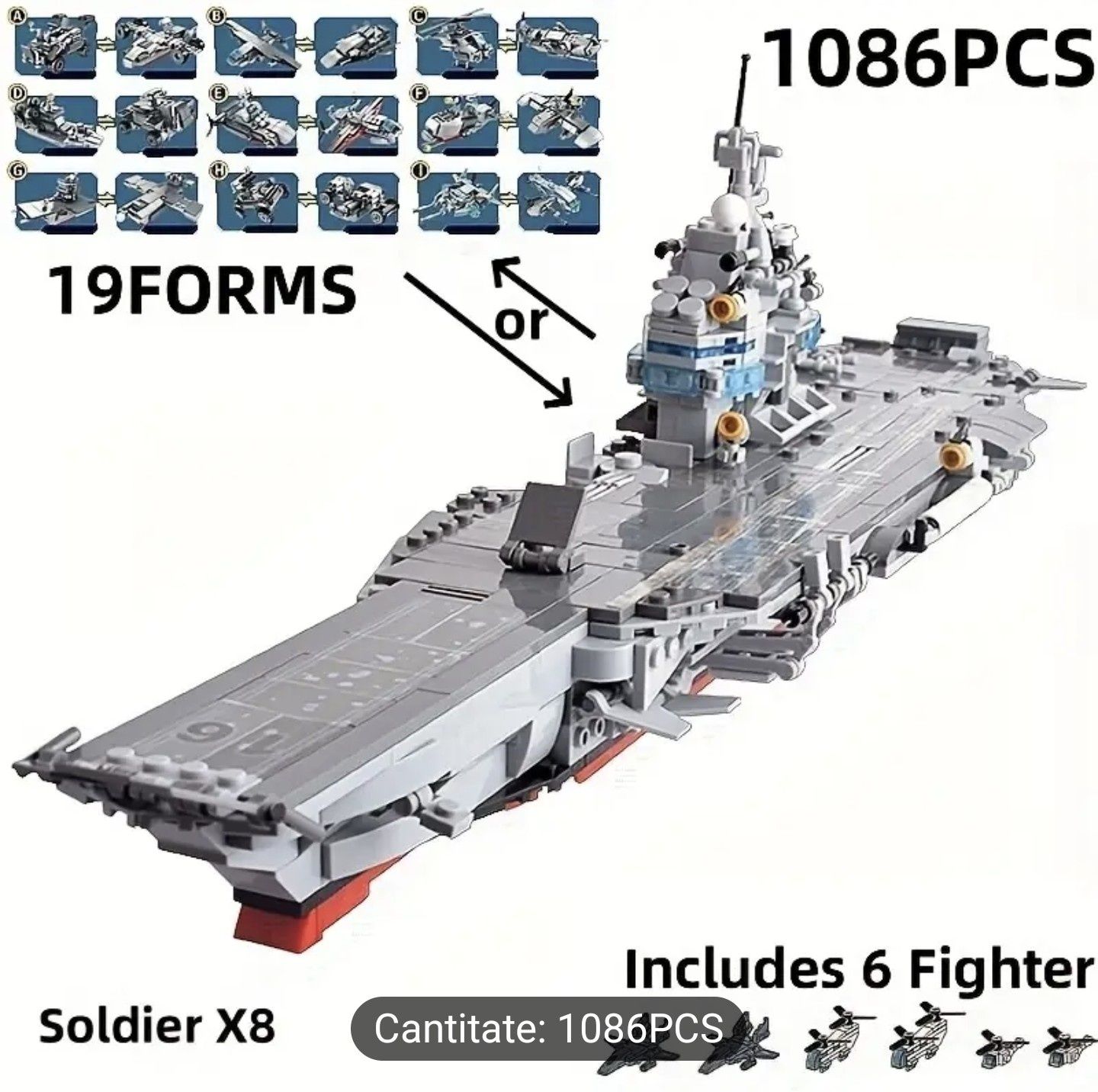 Portavion de jucarie din piese identice LEGO 1000+