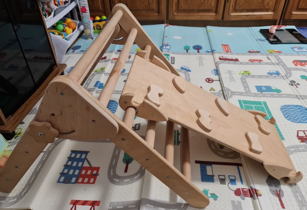 Set 3 in 1 Triunghi Pikler de catarare, rampa cu tobogan, semicerc