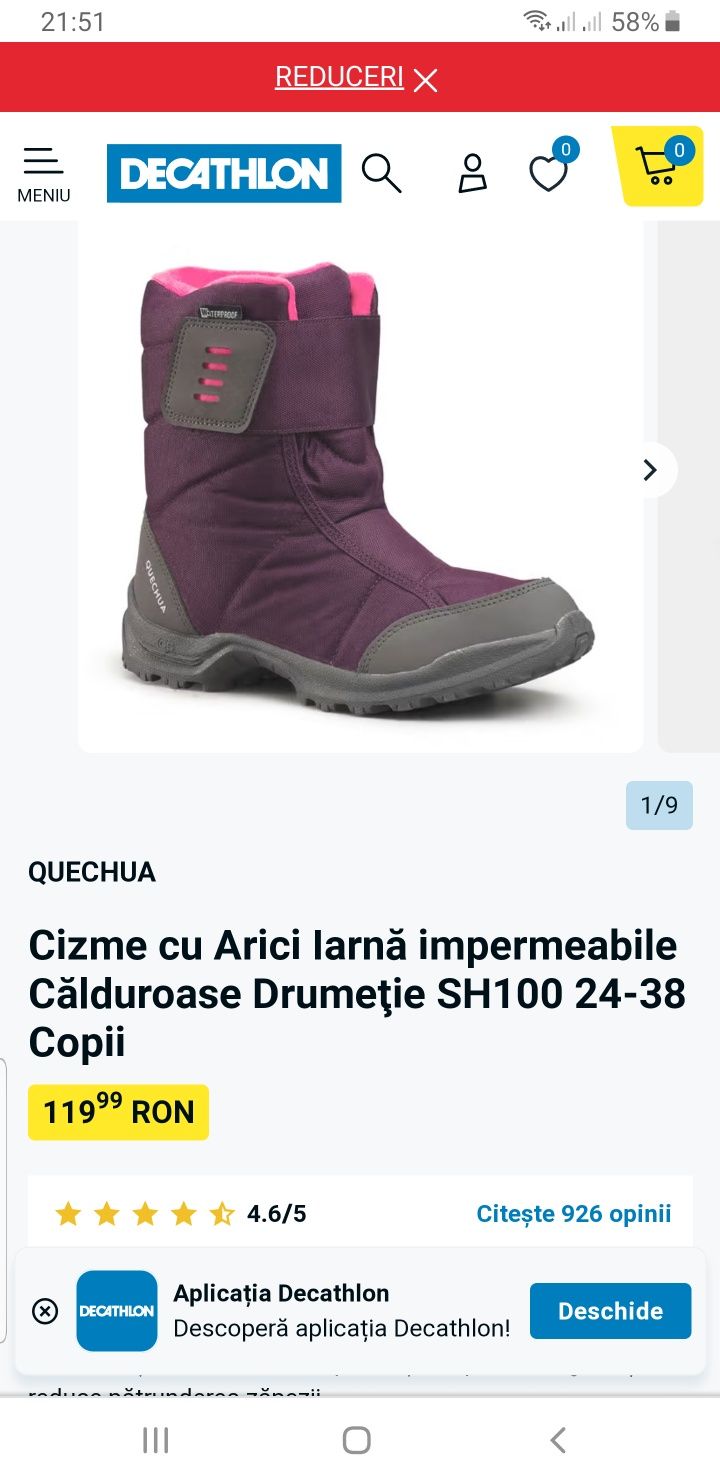 Ghete cizme Quechua Decathlon marime 29 pt vremea rece sau zapada