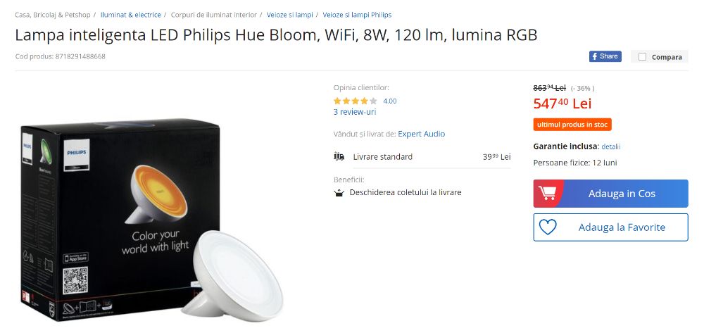 Lampa inteligenta LED Philips Hue Bloom, WiFi, 8W, 120 lm, lumina RGB
