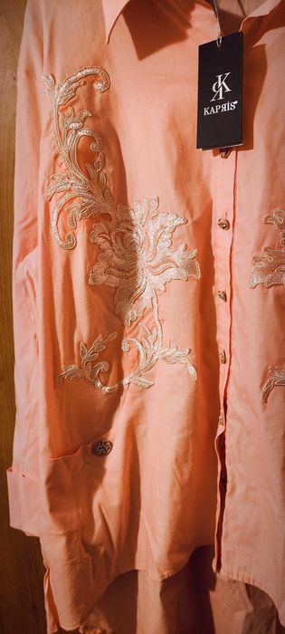 Банкетна лятна дамска риза, бледорозова с бродерия; 4XL–6XL/BG 54–58