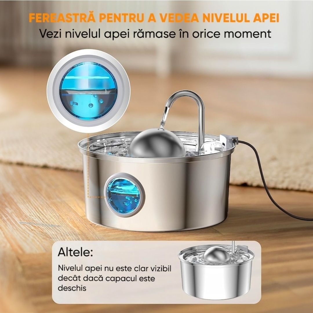 [IMPECABIL] Fantana apa pisici inox 3.2L Dispenser Filtru Silentios