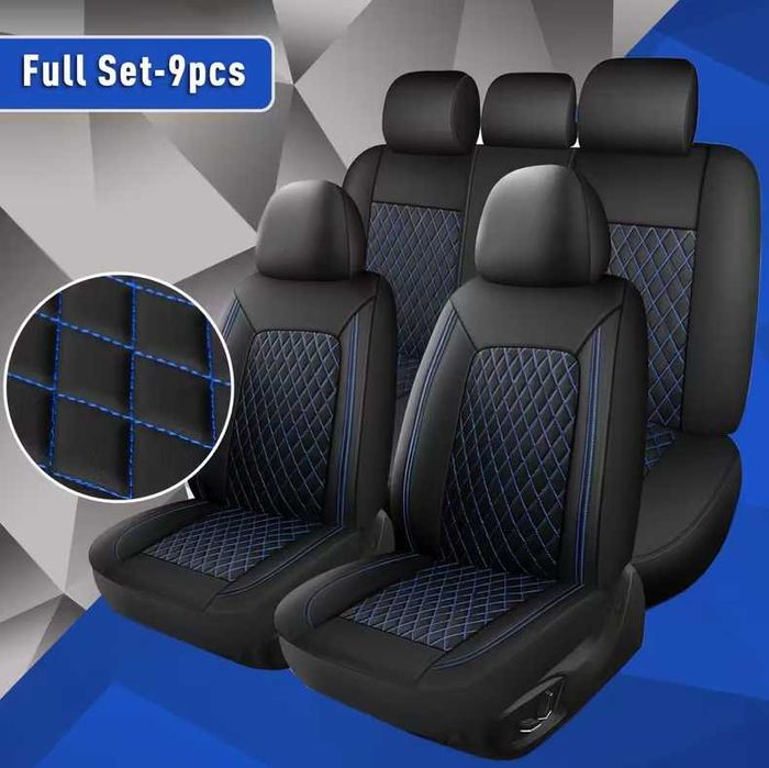 Huse scaune auto piele + țesătură albastră universale