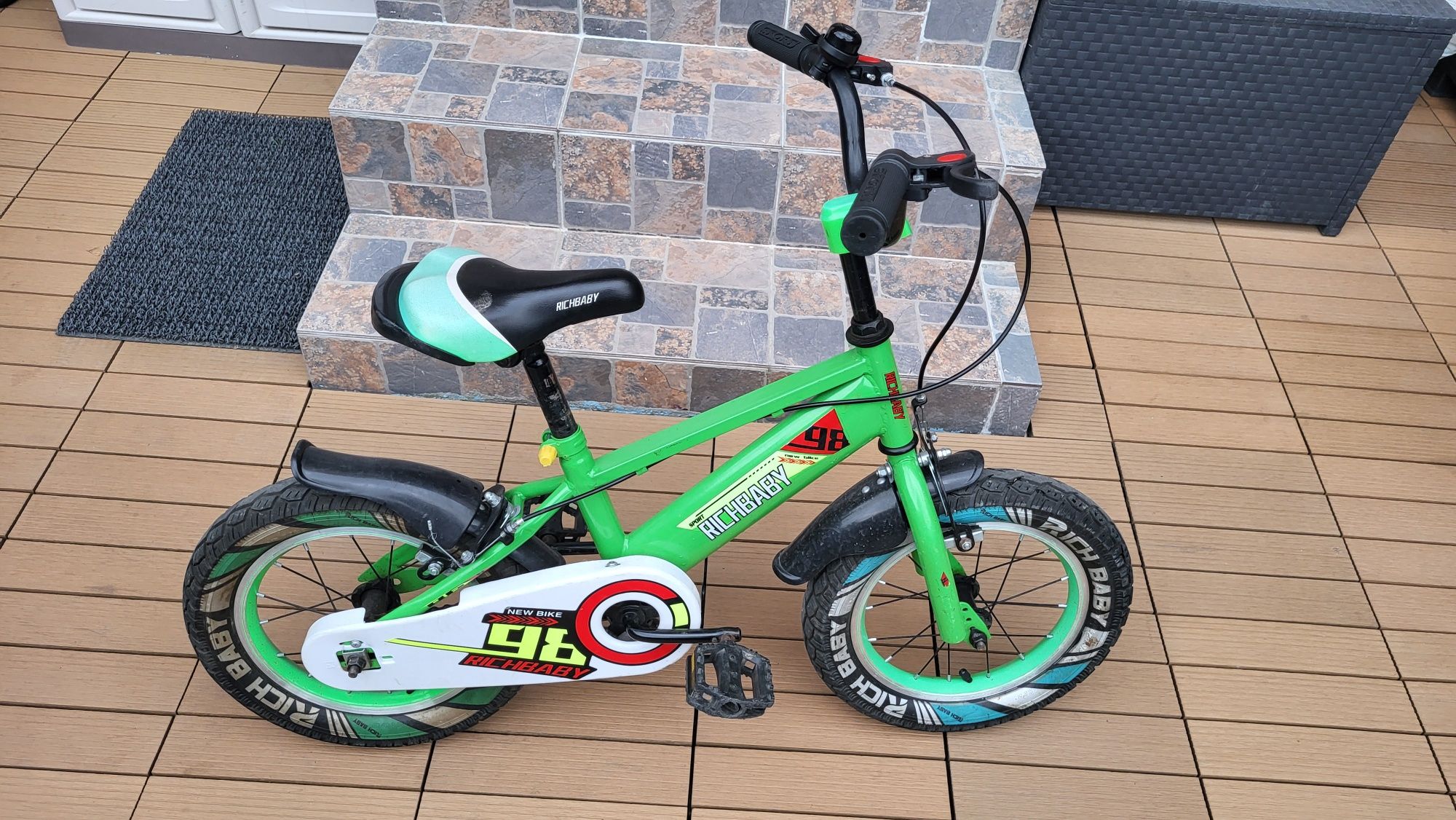 Bicicleta baieti Rich Baby, roati 14", cu cosulet si cric