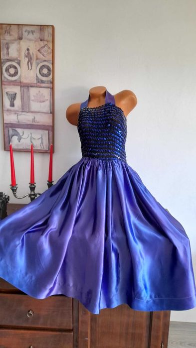 Rochie unicat de atelier Viena, halter, paiete & satin degrade