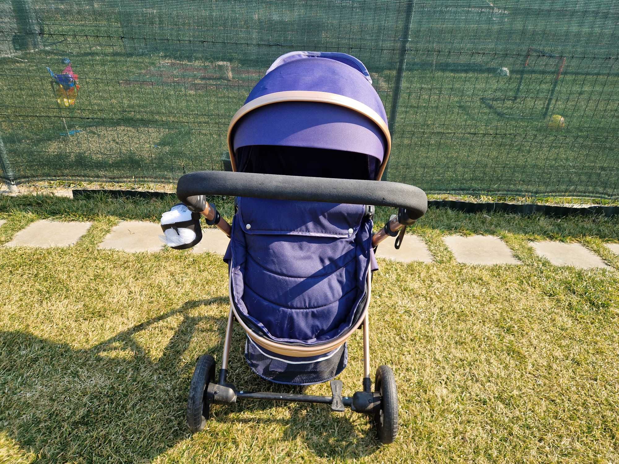 Carucior 2 in 1, dubla suspensie, roata cauciuc, albastru cosmic