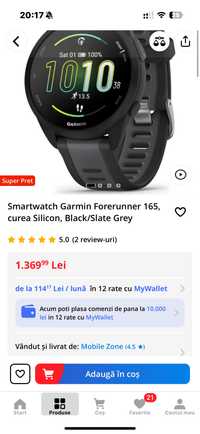 Smartwatch Garmin forerunner 165 curea silicon, black/ slate gray