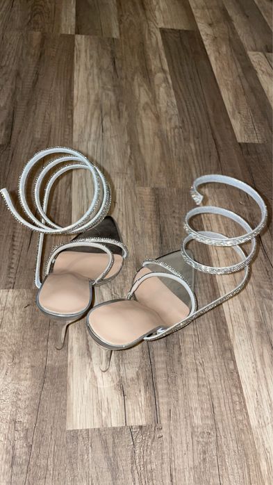 Pantofi cu toc, arginti, cu sclipici