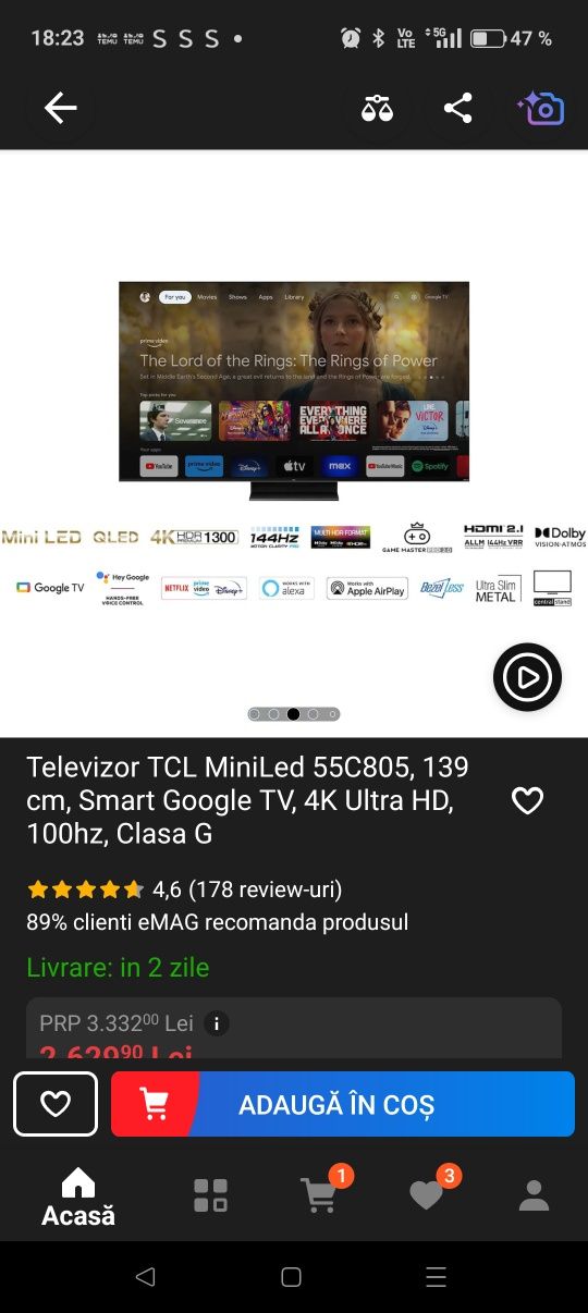 Vând Televizor TCL MiniLed QLED 139 cm.