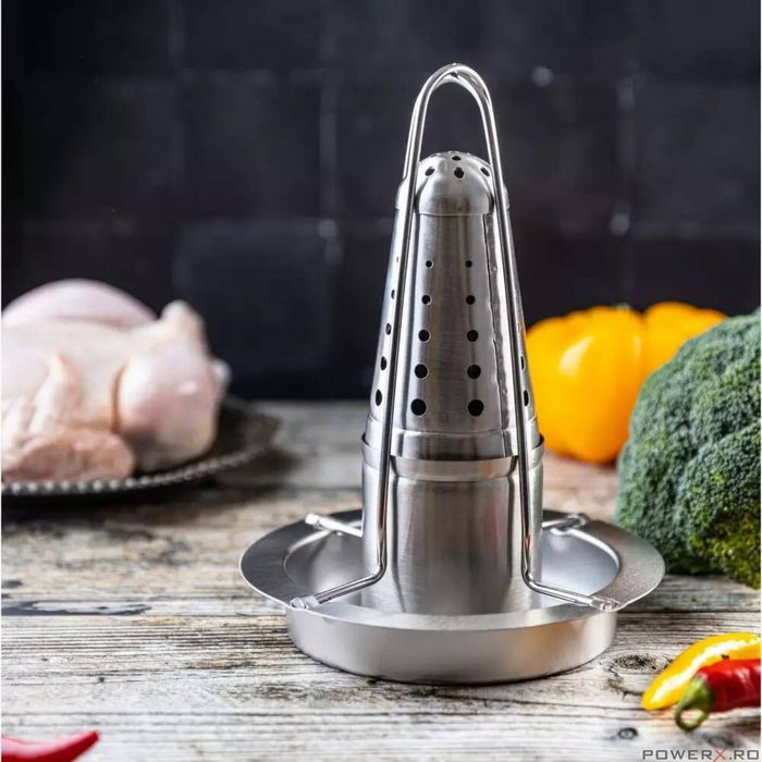 Suport vertical pentru gatit pui intreg la cuptor, cu recipient pentu