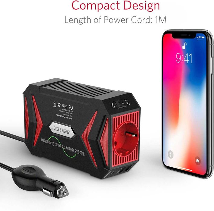 BESTEK инвертор 300W 12V→230V чиста синусоида за автомобил