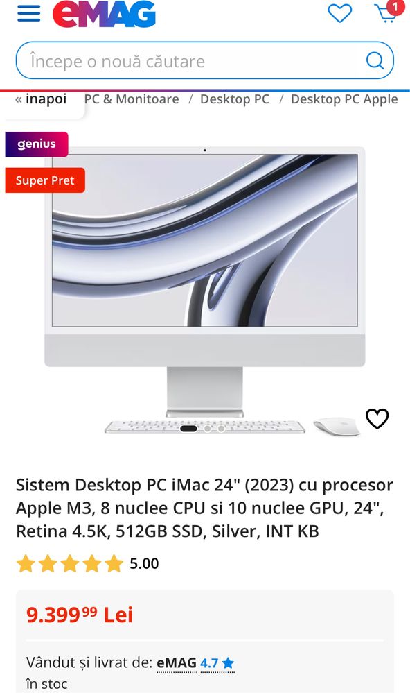 MDM vinde: Sistem Desktop PC Imac 24” 2023, M3.