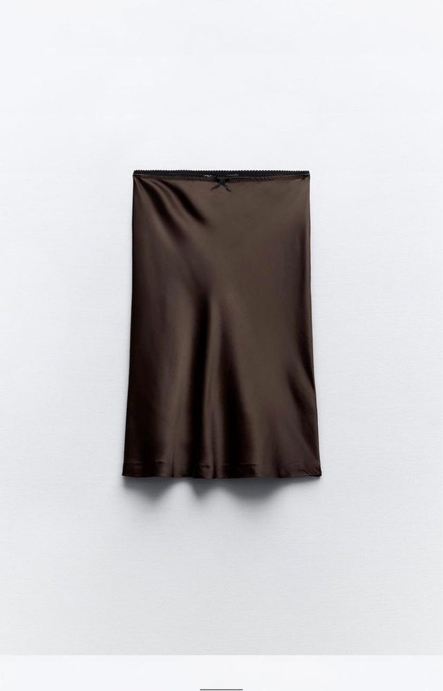 ZARA NEW юбка атласная шоколадно-коричневая с кружевом новая с биркой