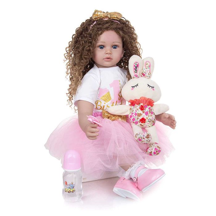 Papusa Bella cu parul ondulat si lung, 55 cm, Roz/Alb