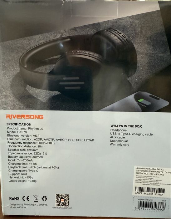 Casti wireless bluetooth® V5.3 Rhythm L9 RIVERSONG + Gratuit Set cablu