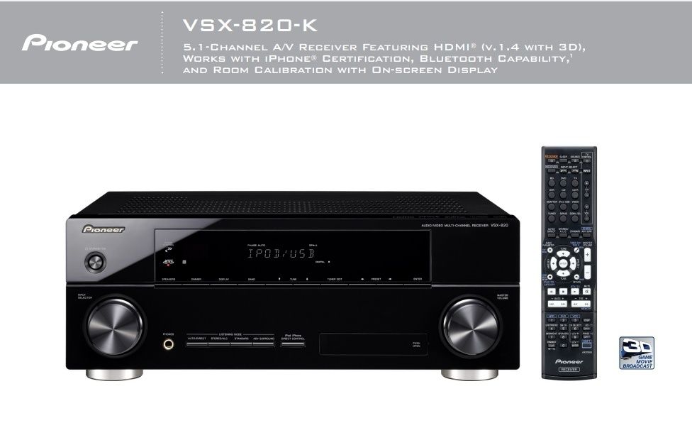 Amplificator Receiver Stație Pionner VSX 820K HDMI 3D 4K Bluetooth