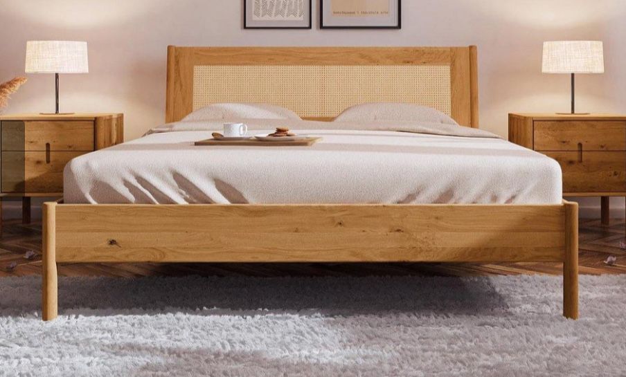Дървено двойно легло с ратанова табла 180x200 cm рустик легло