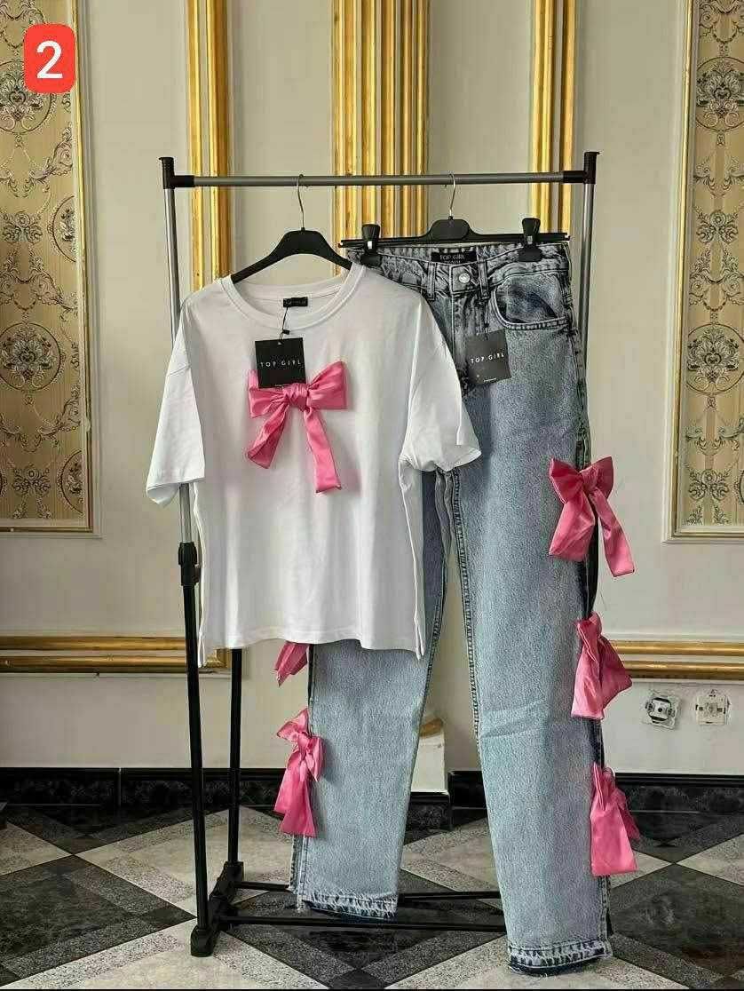 Set dama blugi și tricou cu fundițe