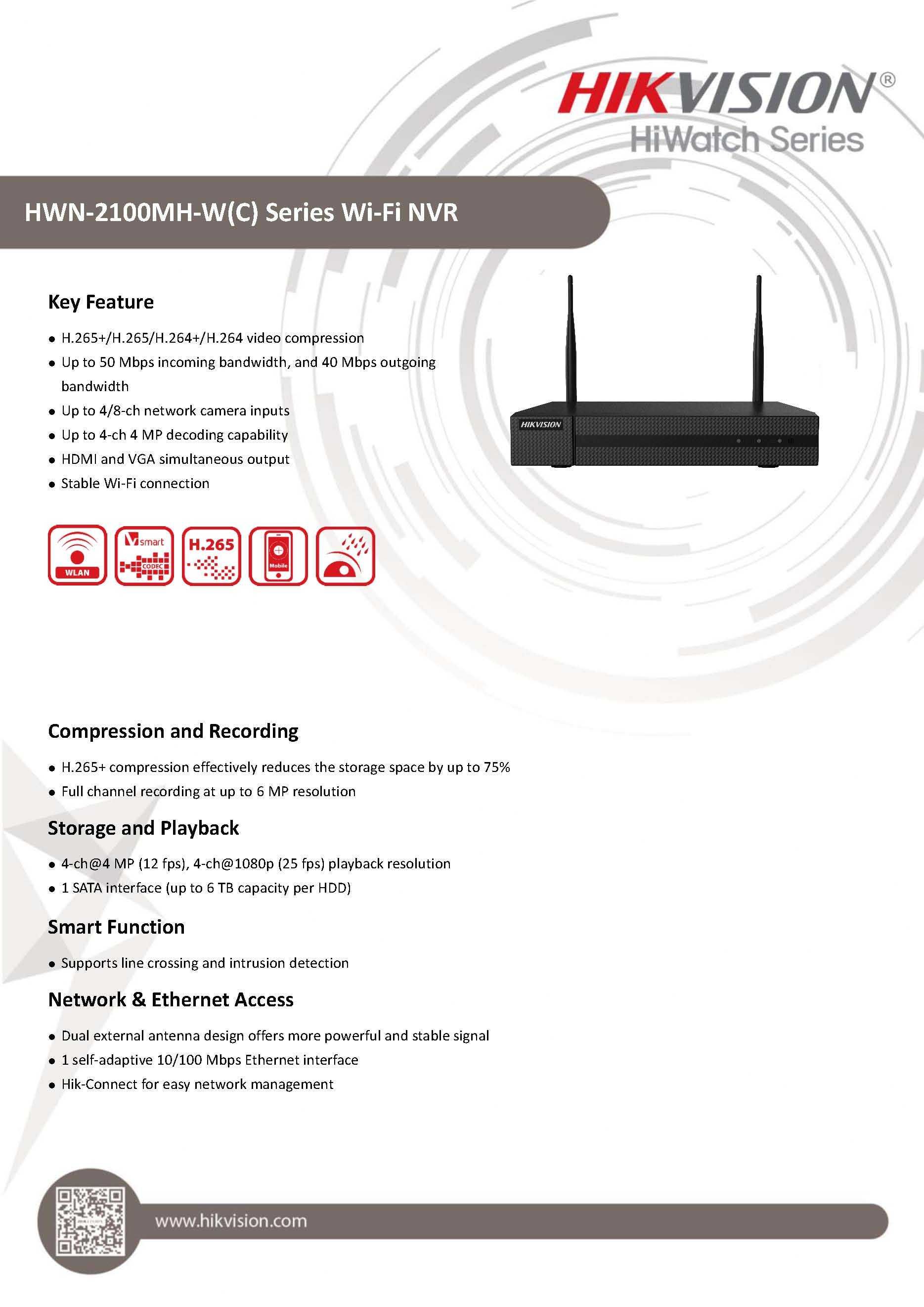 WiFi NVR 8Каналa Мрежов Видеорекордер Hikvision HWN-2108MH-W-C 4MPx IP