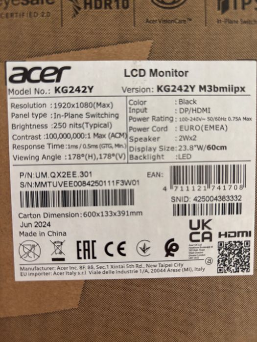 Монитор Acer 23.8 180 Hz IPS