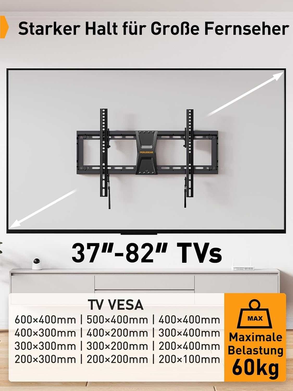 Стенна стойка за телевизор Perlegear за 37–82 инча, до 60 кг