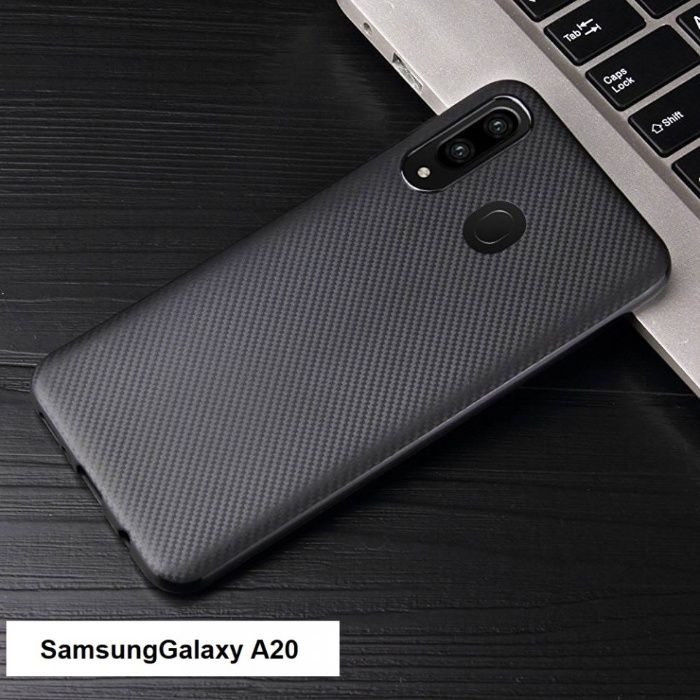 Husa pentru Samsung Galaxy A20, GloMax Perfect Fit insertii de carbon