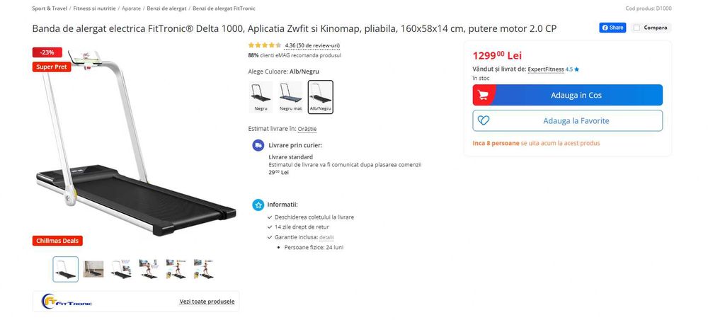 Banda de alergat electrica FitTronic Delta 1000, pliabila 2.0 CP