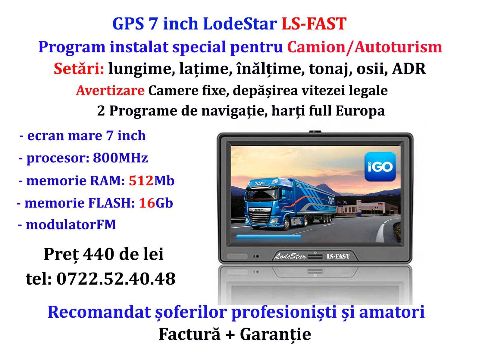 GPS 7 inch TIR/Camion 512Mb/16Gb iGO Primo Europa  avertiz camere fixe