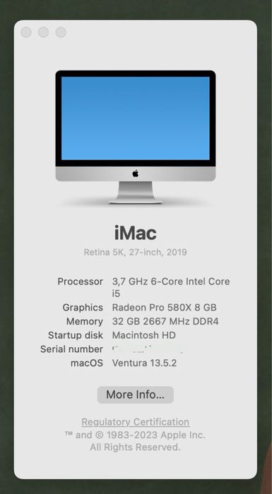 iMac 27" 5K retina, i5 3.70GHz, 32GB RAM, 2TB hd, Radeon Pro 580X 8GB