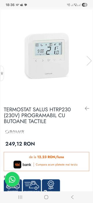 Termostat de ambient pentru centrala, cu fir, Salus HTRP230, NOU.