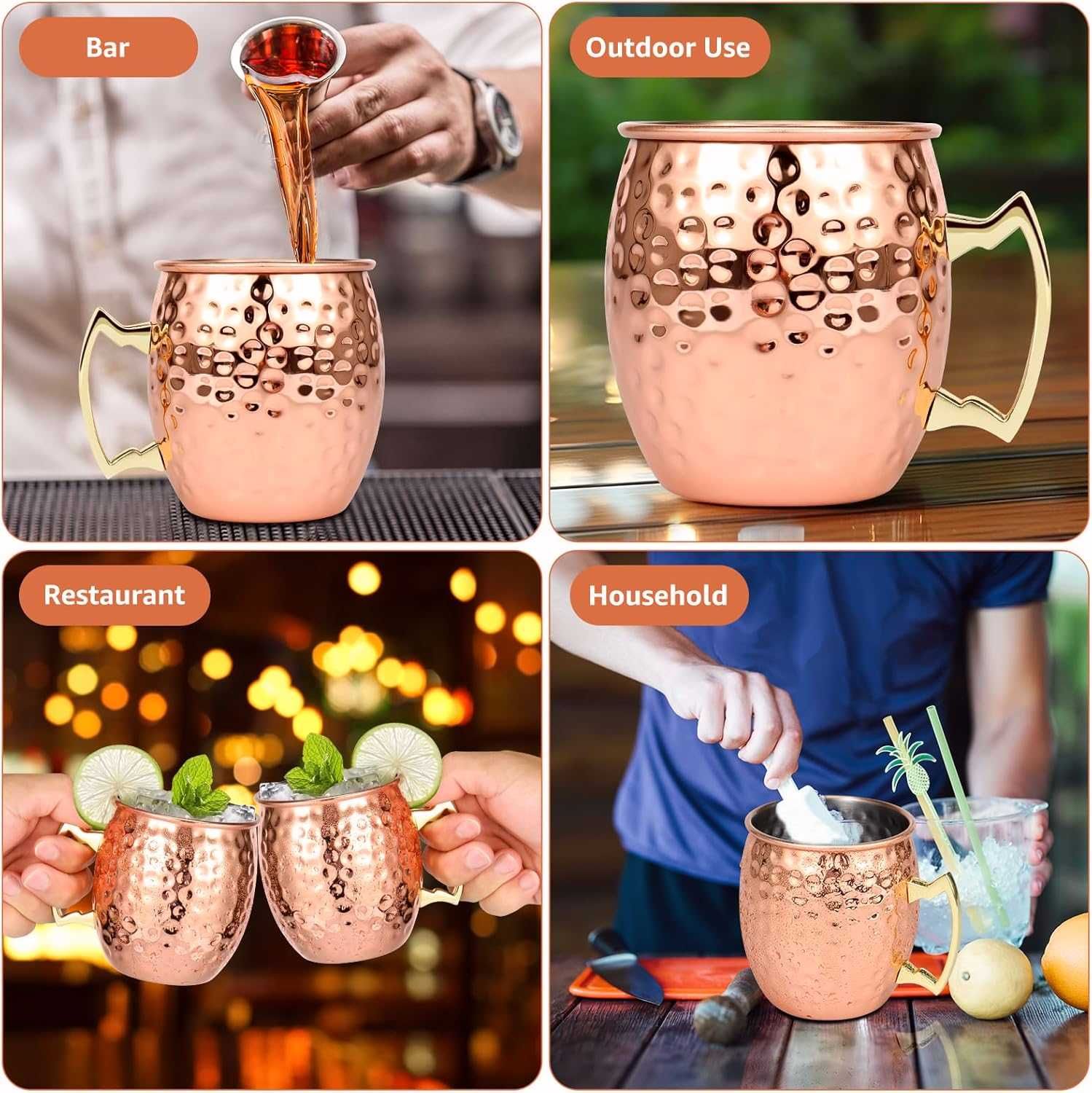 Нови медни чаши с дръжки, 100% чист мед, Moscow Mule, 2 броя в цената!