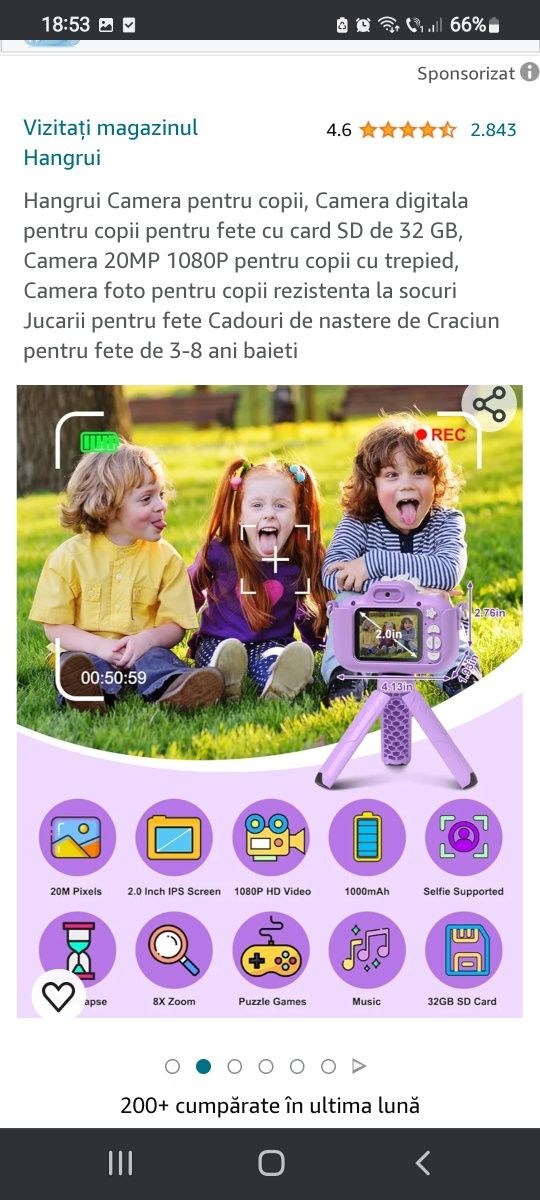 Cameră foto digitală cu card 32 MB și trepied pentru copii.