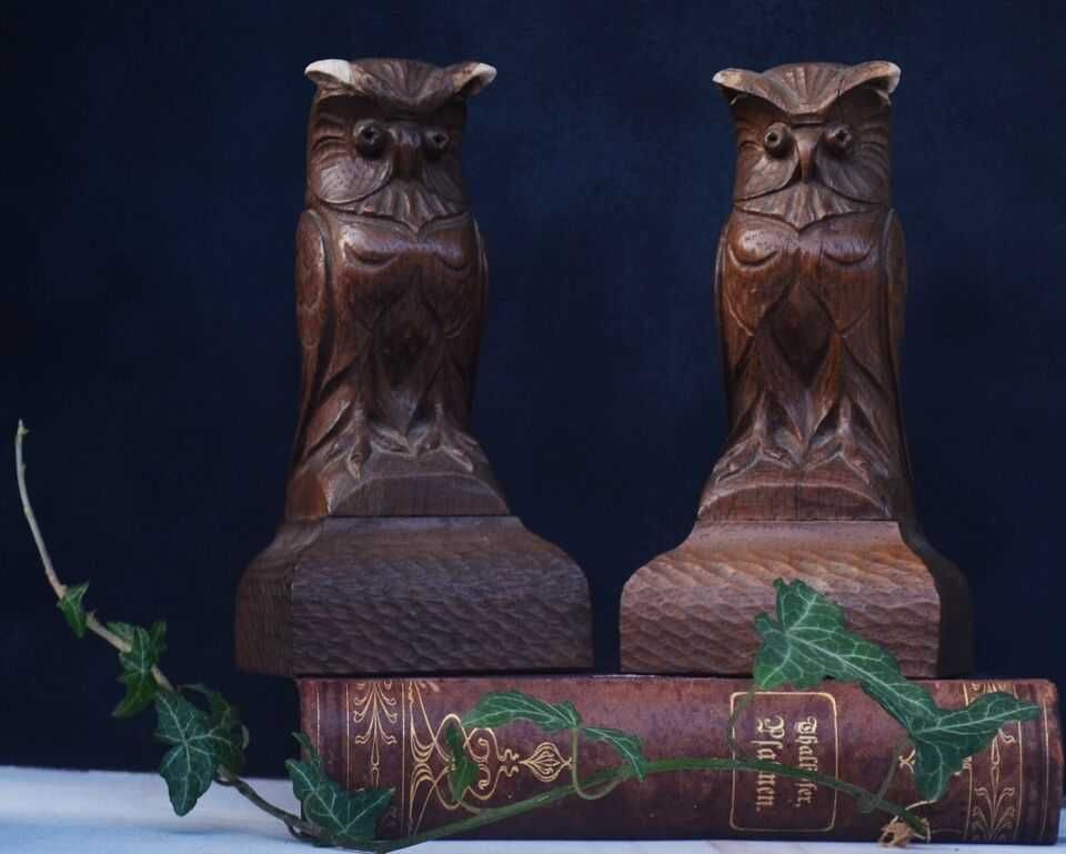 Book Ends Pereche lemn de stejar Figurine Sculptate Bufnițe