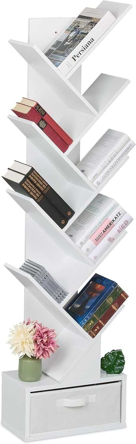 Дървена библиотека за книги тип дърво 9 рафта + чекмедже, бял, венге