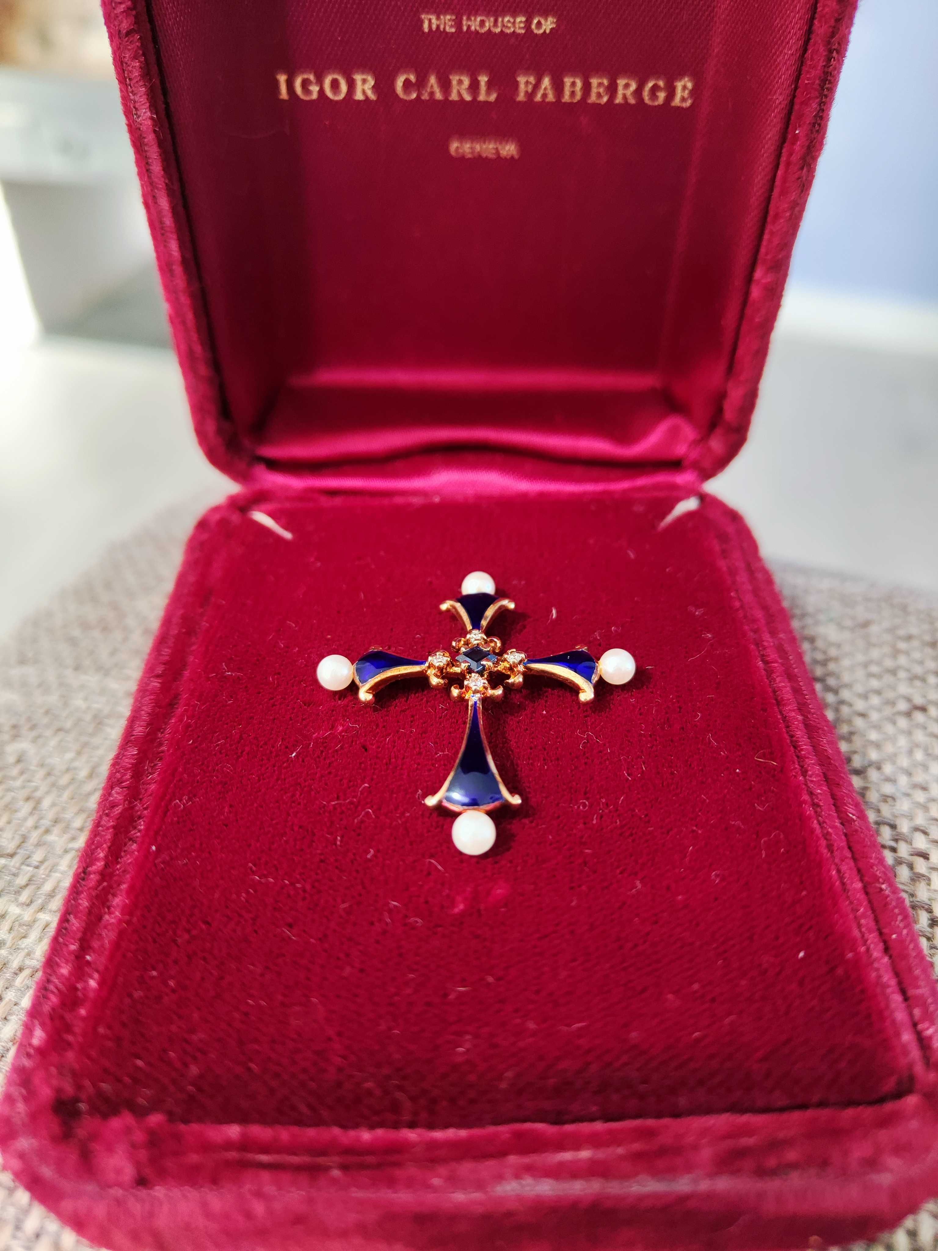 Faberge Cruciulita Cruce Aur 14K Cu Email Diamante Safir Si Perle